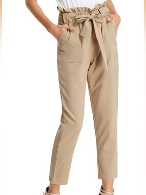 Paperbag Tie-Waist Ankle Pants - Beige
